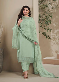 Green Heavy Natural Crepe Semi Stitched Suit with Embroidery & Zarkhan Work