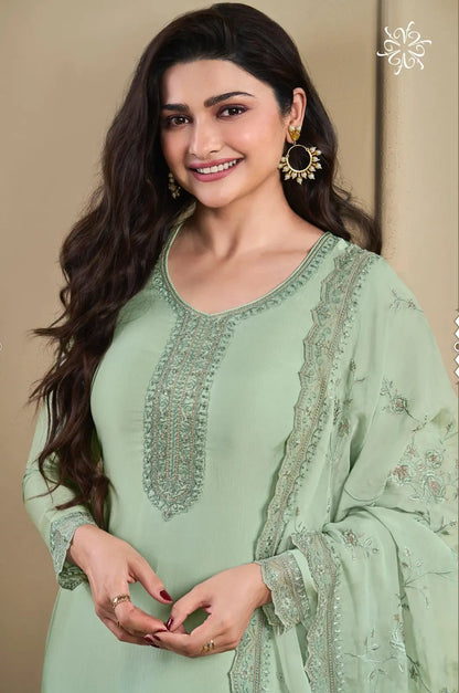 Green Heavy Natural Crepe Semi Stitched Suit with Embroidery & Zarkhan Work