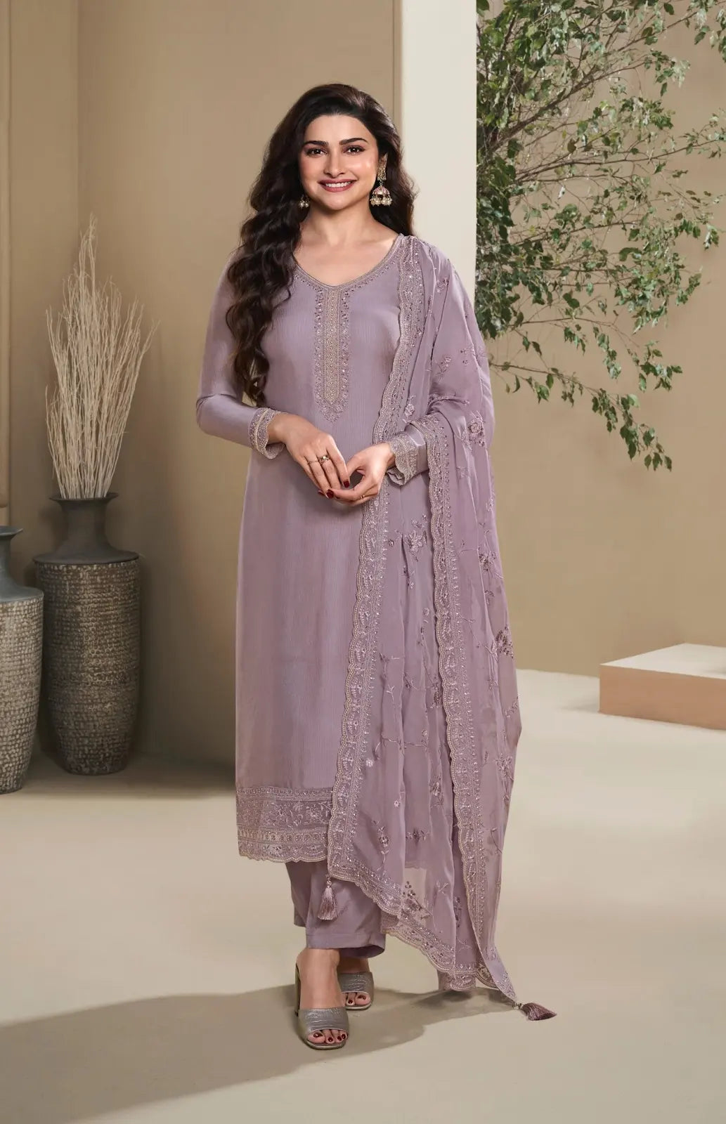 Purple Heavy Natural Crepe Semi Stitched Suit with Embroidery & Zarkhan Work