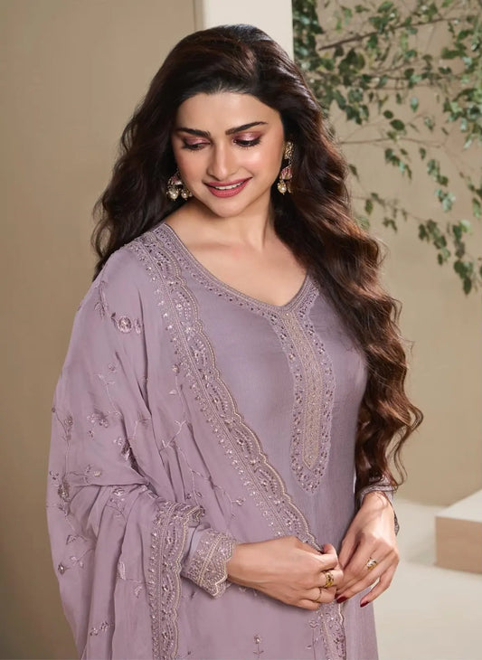 Purple Heavy Natural Crepe Semi Stitched Suit with Embroidery & Zarkhan Work