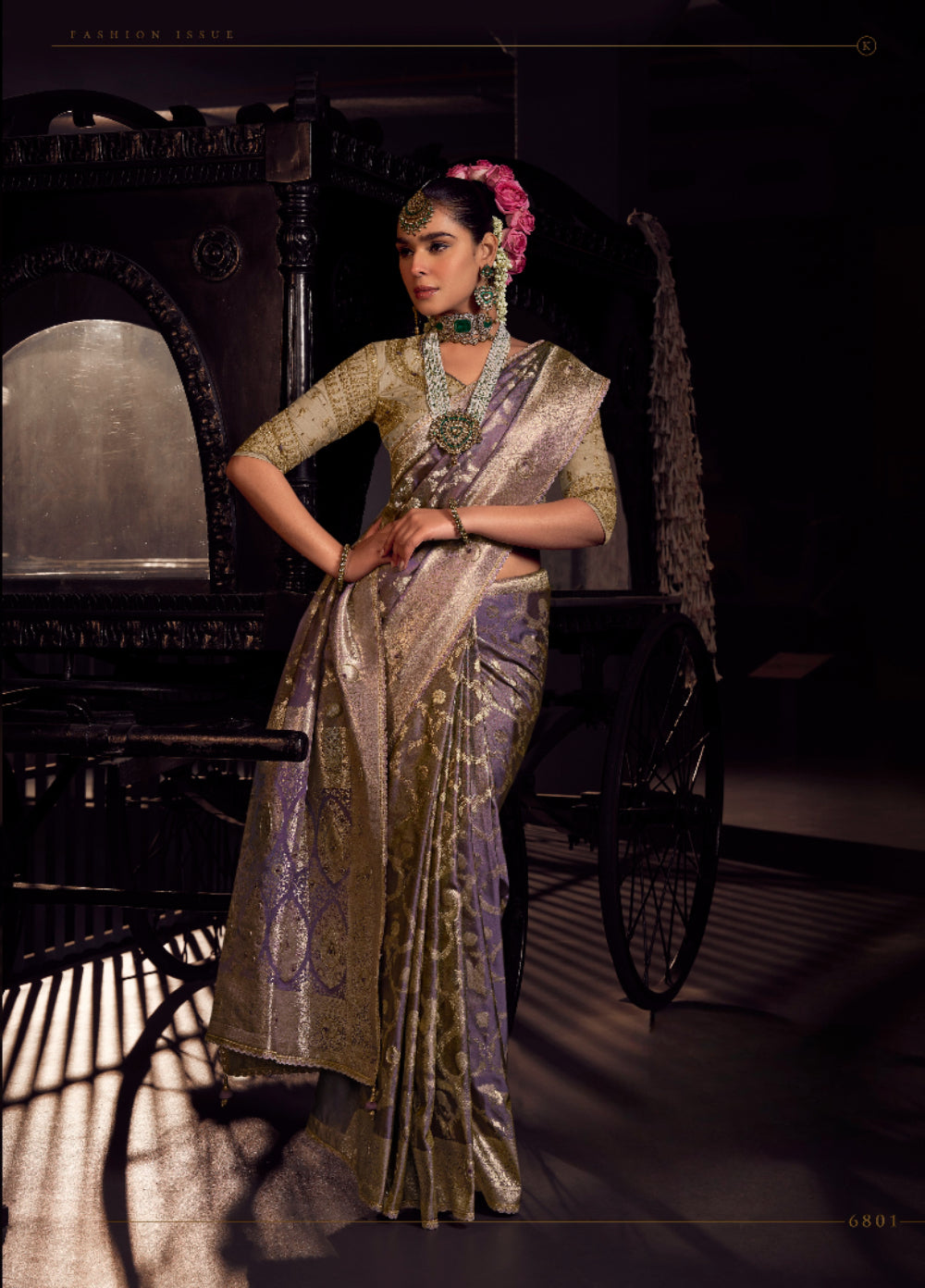 Lavender viscose tissue hanworked pallu saree with embroidered blouse piece