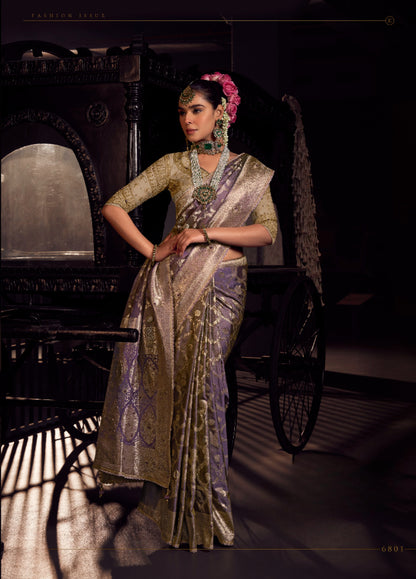 Lavender viscose tissue hanworked pallu saree with embroidered blouse piece