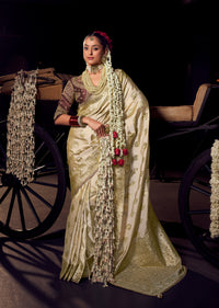 Beige viscose tissue hanworked pallu saree with embroidered blouse piece