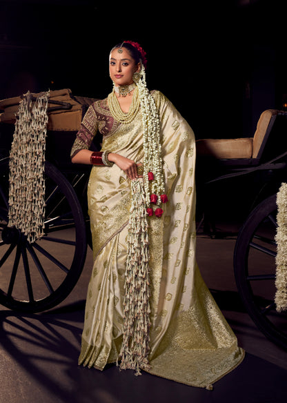 Beige viscose tissue hanworked pallu saree with embroidered blouse piece