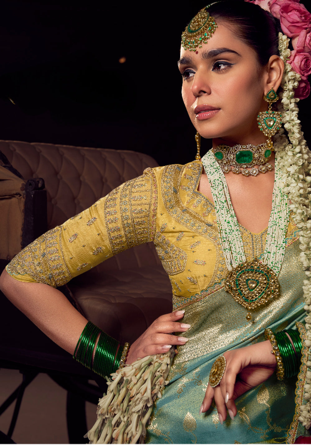 Sea Green viscose tissue hanworked pallu saree with embroidered blouse piece