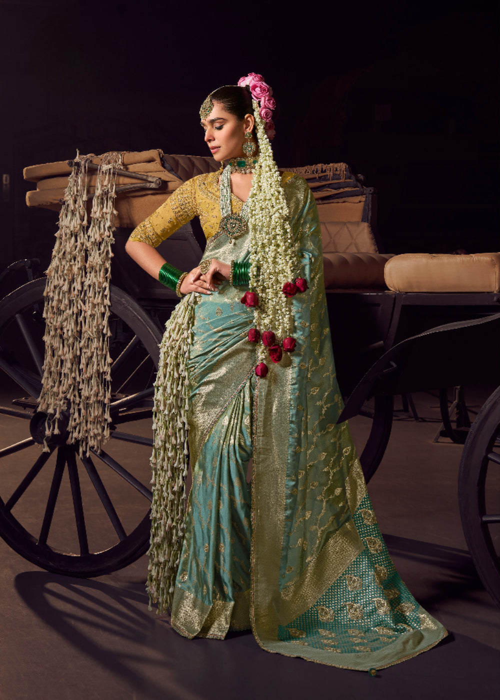 Sea Green viscose tissue hanworked pallu saree with embroidered blouse piece