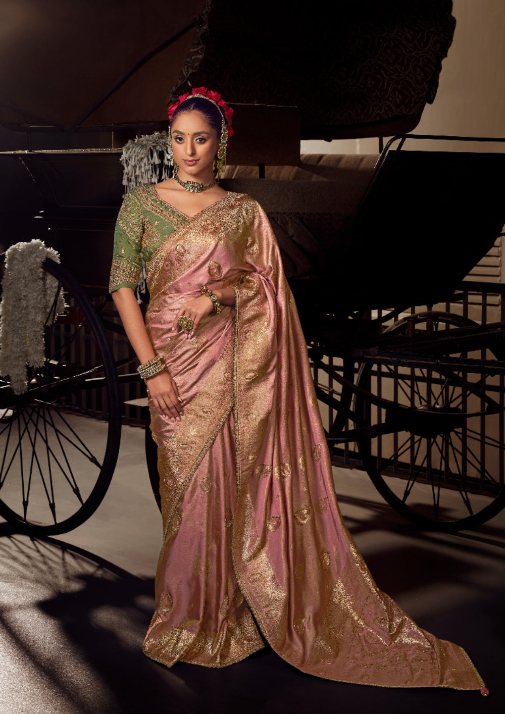 Green viscose tissue hanworked pallu saree with embroidered blouse piece