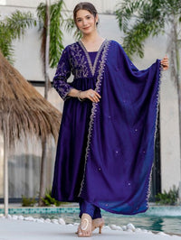 Women Beautiful Embroidery Vichitra Silk Fabric with Flared Kurta, Pant and Dupatta Set 1850
