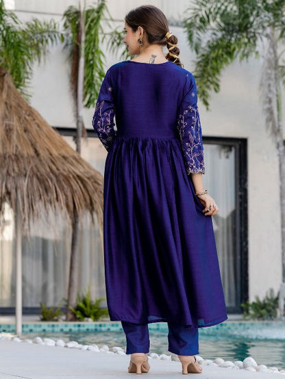 Women Beautiful Embroidery Vichitra Silk Fabric with Flared Kurta, Pant and Dupatta Set 1850