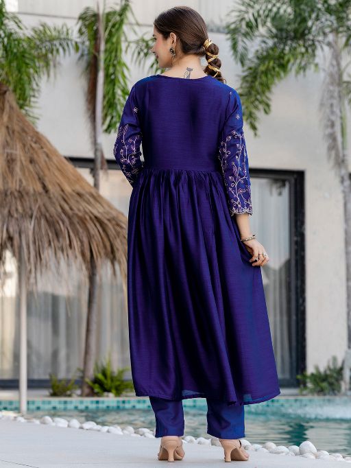 Women Beautiful Embroidery Vichitra Silk Fabric with Flared Kurta, Pant and Dupatta Set 1850