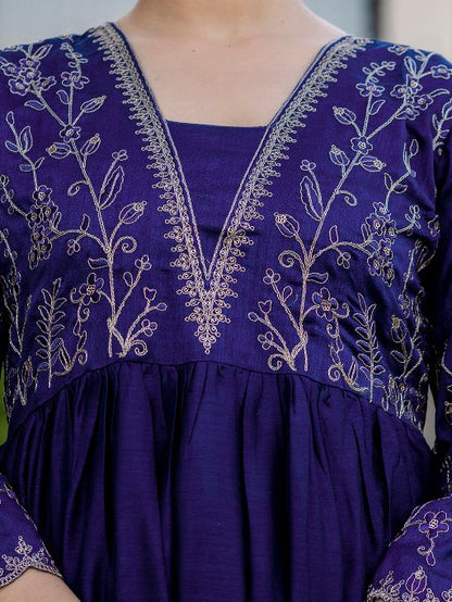 Women Beautiful Embroidery Vichitra Silk Fabric with Flared Kurta, Pant and Dupatta Set 1850