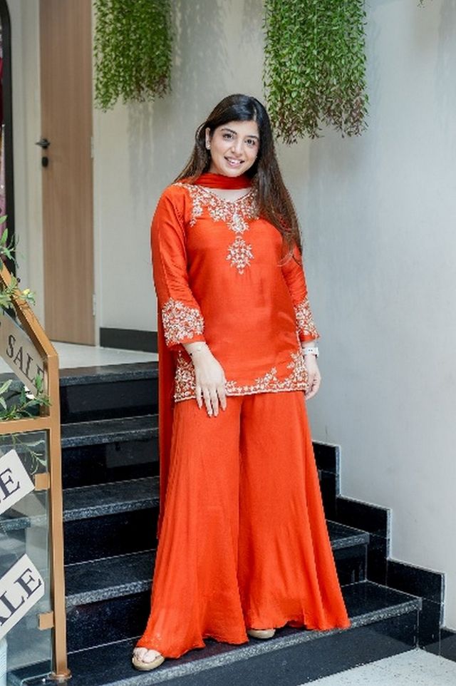 Orange Color Natural Crepe Fabric Beautiful Partywear Dress For Girls