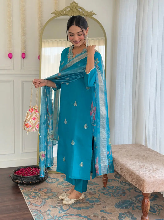 Women Gorgeous Viscose Fabric Embroidery Work Straight Kurta, Pant and Dupatta Set