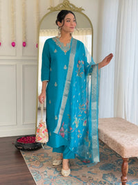 Women Gorgeous Viscose Fabric Embroidery Work Straight Kurta, Pant and Dupatta Set