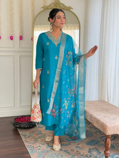 Women Gorgeous Viscose Fabric Embroidery Work Straight Kurta, Pant and Dupatta Set