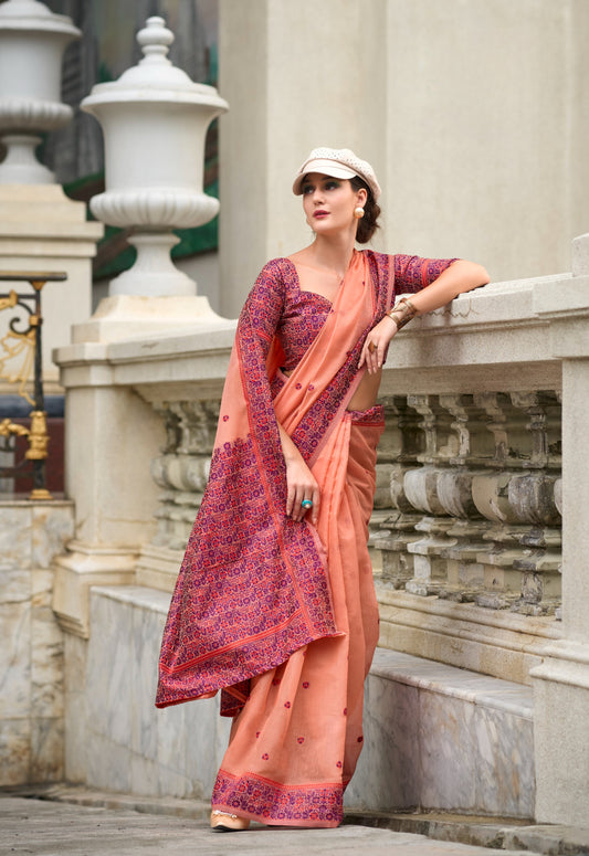 Orange Designer Weaving Soft Linen Saree With Blouse