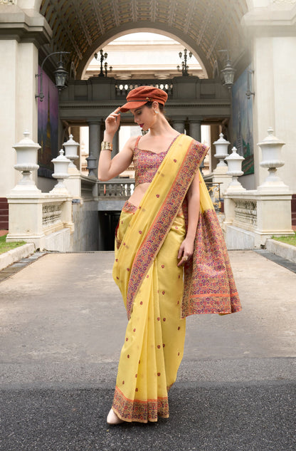 Yellow Designer Weaving Soft Linen Saree With Blouse