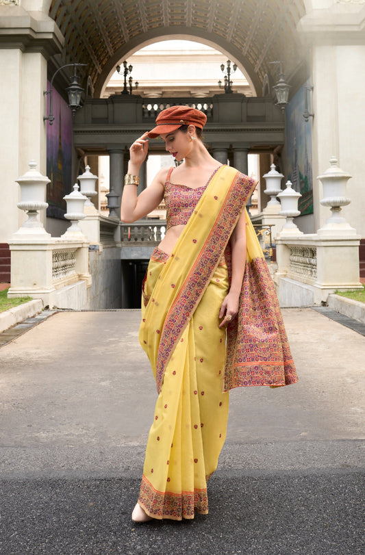 Yellow Designer Weaving Soft Linen Saree With Blouse
