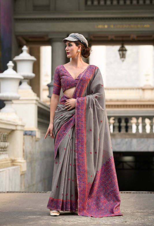 Grey Designer Weaving Soft Linen Saree With Blouse