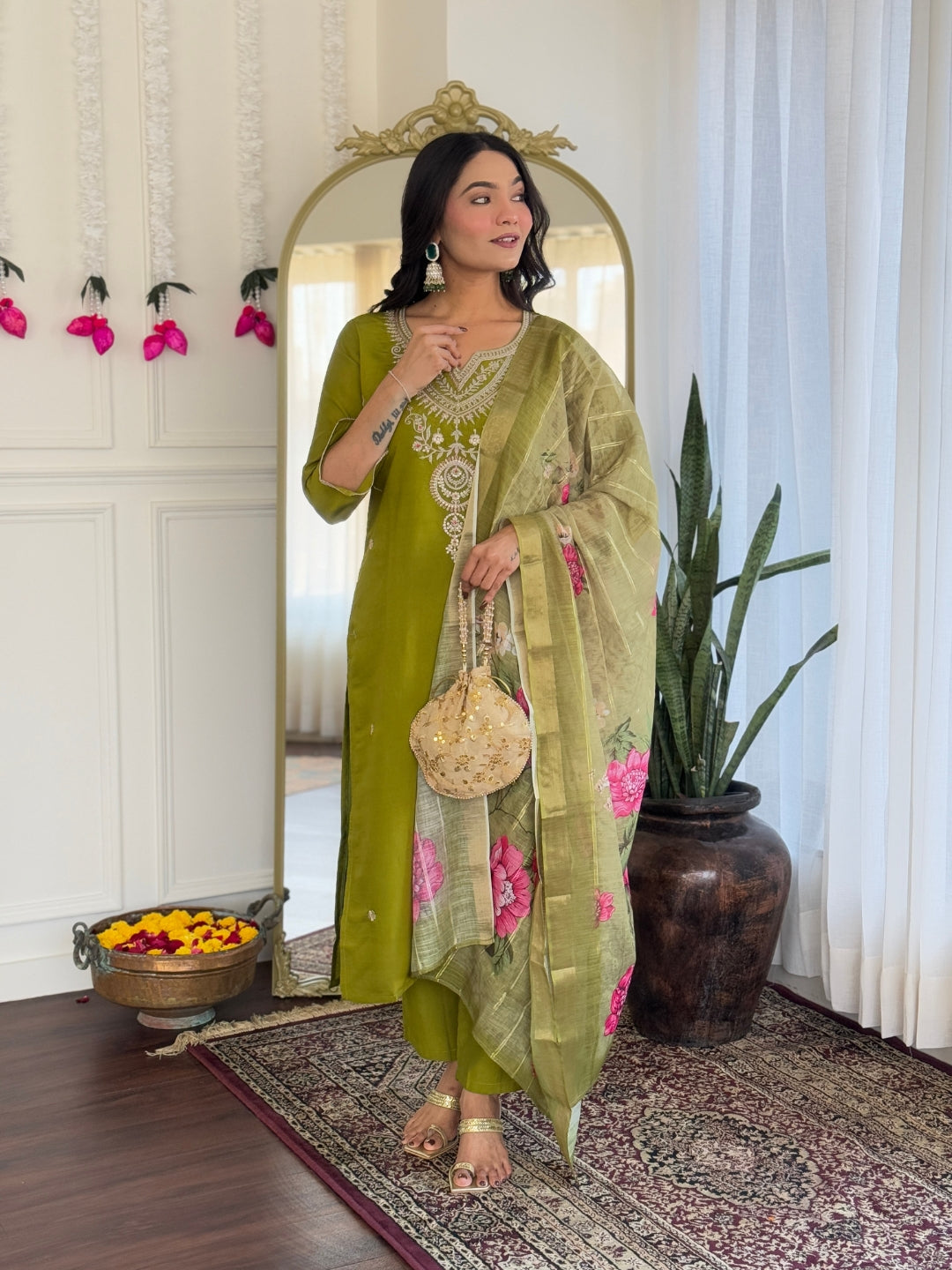 Women's Viscose Embroidery work Straight Kurta with Pant and Dupatta Set
