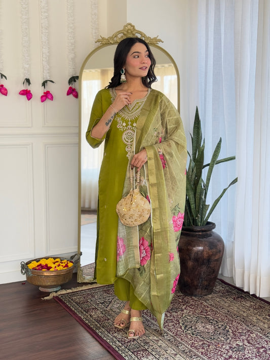 Women's Viscose Embroidery work Straight Kurta with Pant and Dupatta Set
