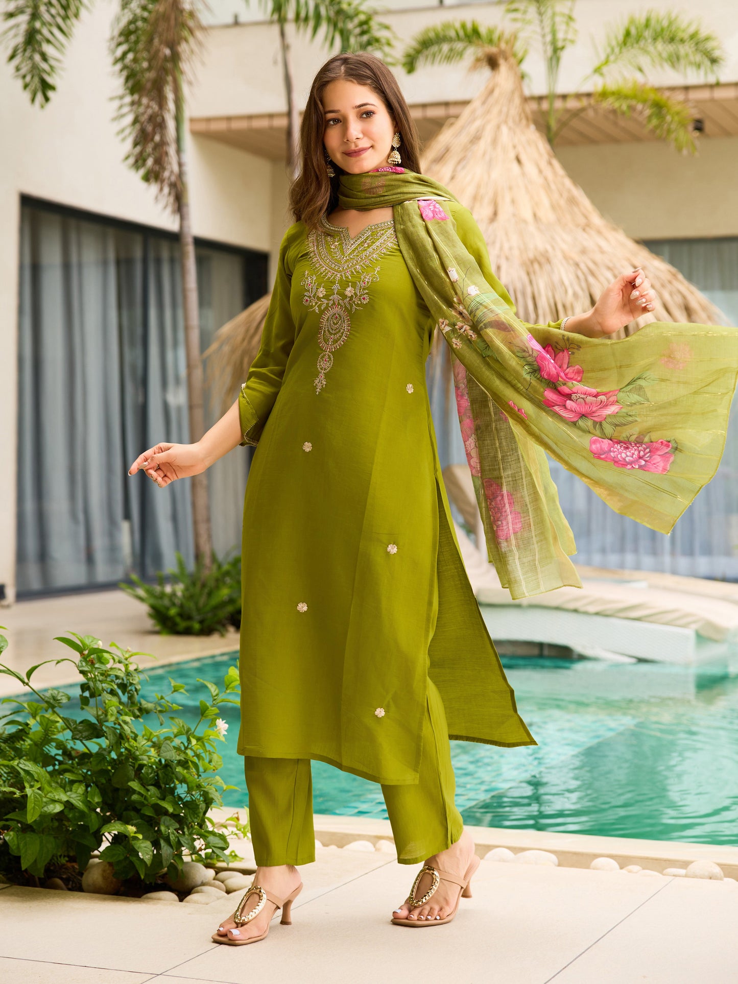Women's Viscose Embroidery work Straight Kurta with Pant and Dupatta Set 692