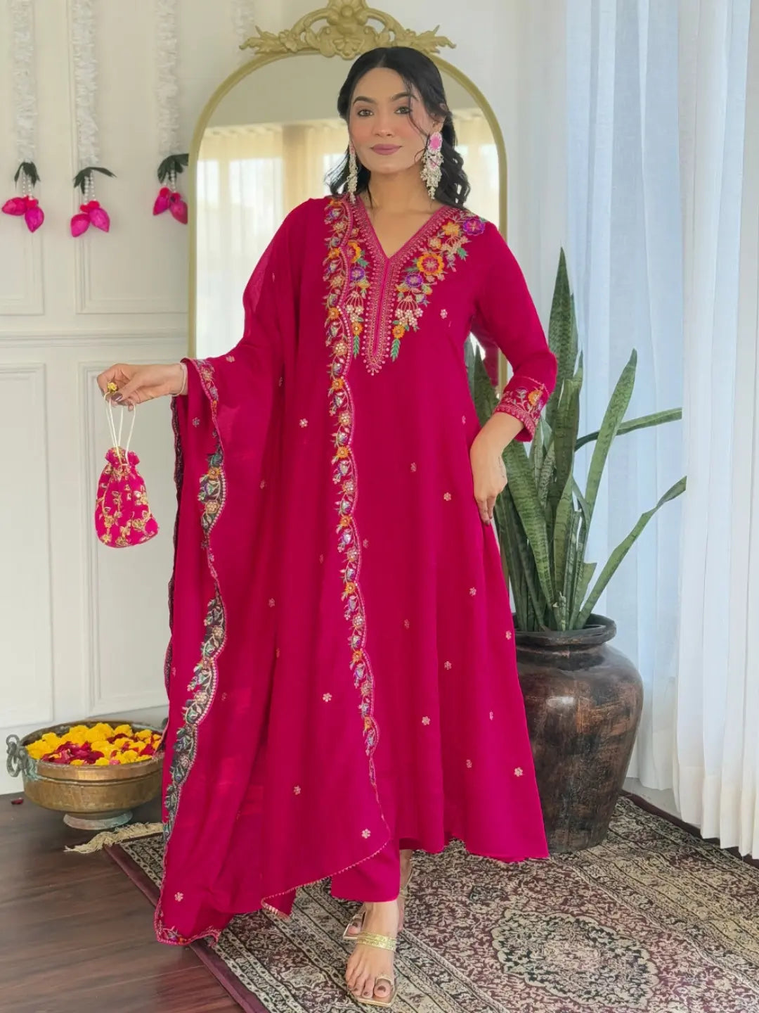 Women's Beautiful Embroidery Work Vichitra Silk Fabric Straight Kurta Pant and Dupatta Set