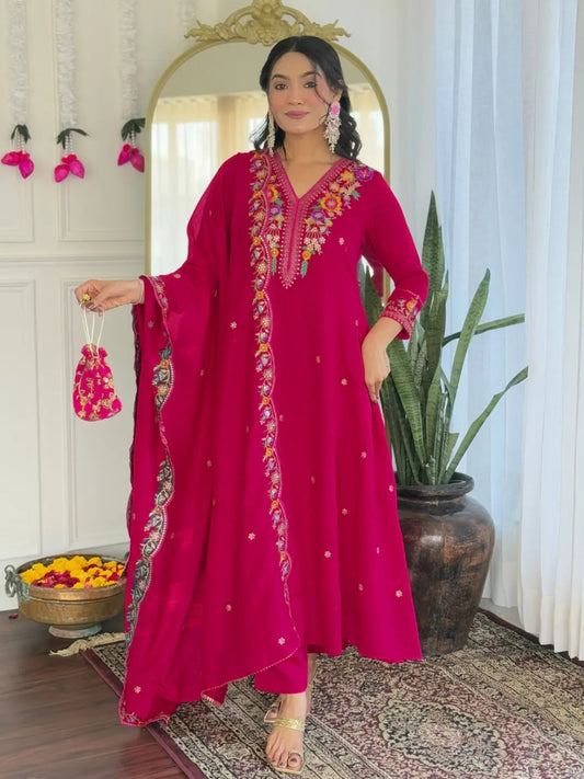 Women's Beautiful Embroidery Work Vichitra Silk Fabric Straight Kurta Pant and Dupatta Set