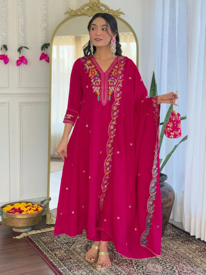 Women's Beautiful Embroidery Work Vichitra Silk Fabric Straight Kurta Pant and Dupatta Set