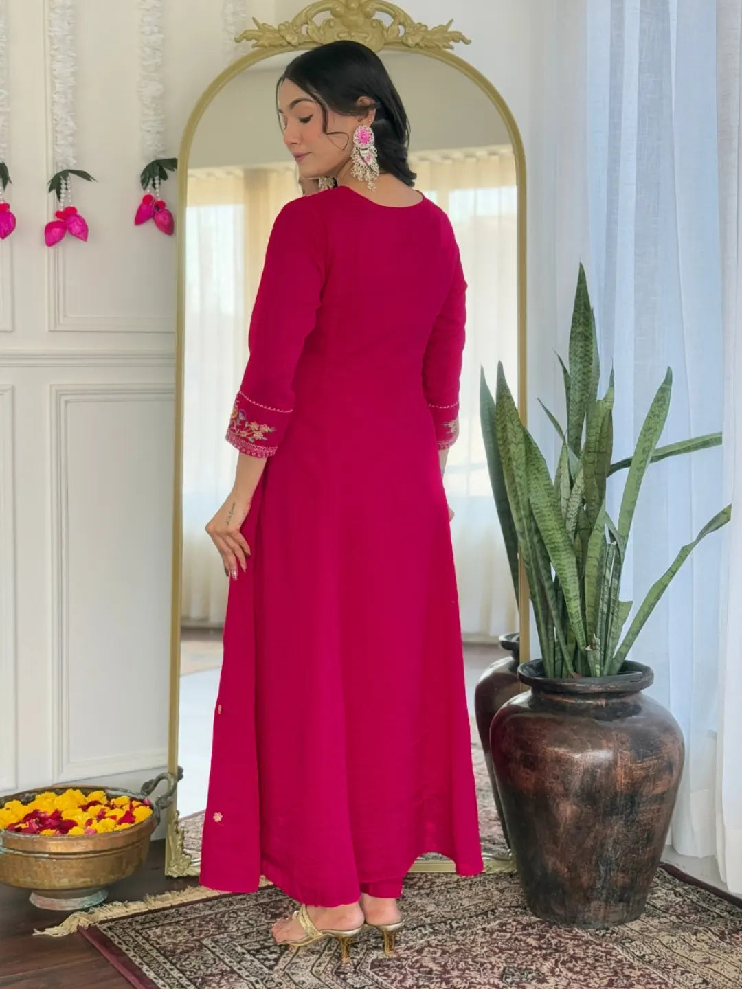 Women's Beautiful Embroidery Work Vichitra Silk Fabric Straight Kurta Pant and Dupatta Set