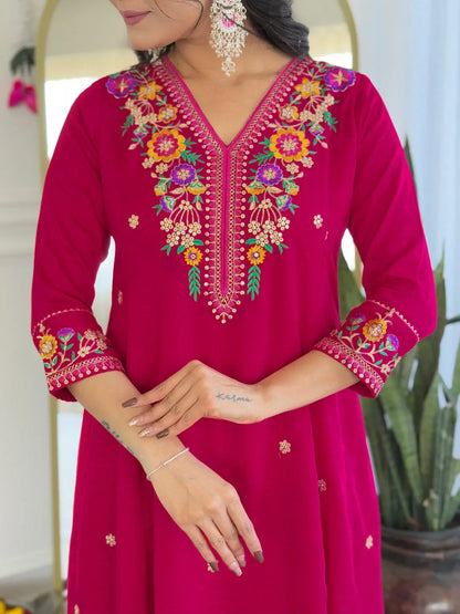 Women's Beautiful Embroidery Work Vichitra Silk Fabric Straight Kurta Pant and Dupatta Set