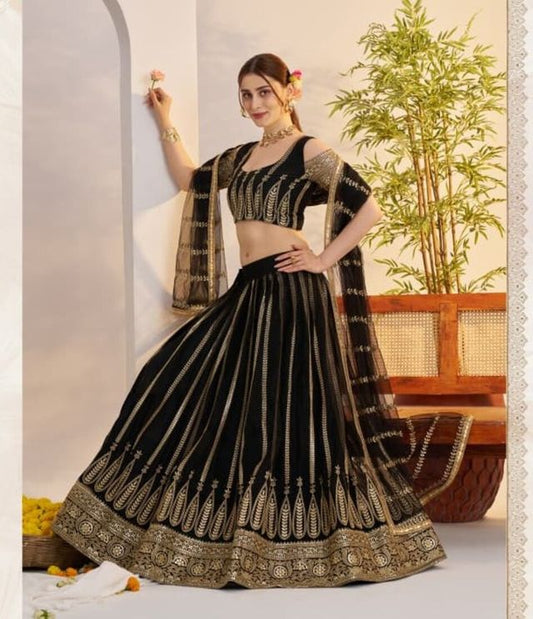 Black Heavy Embroidery Net Semi Stitch A Line Lehenga With Blouse