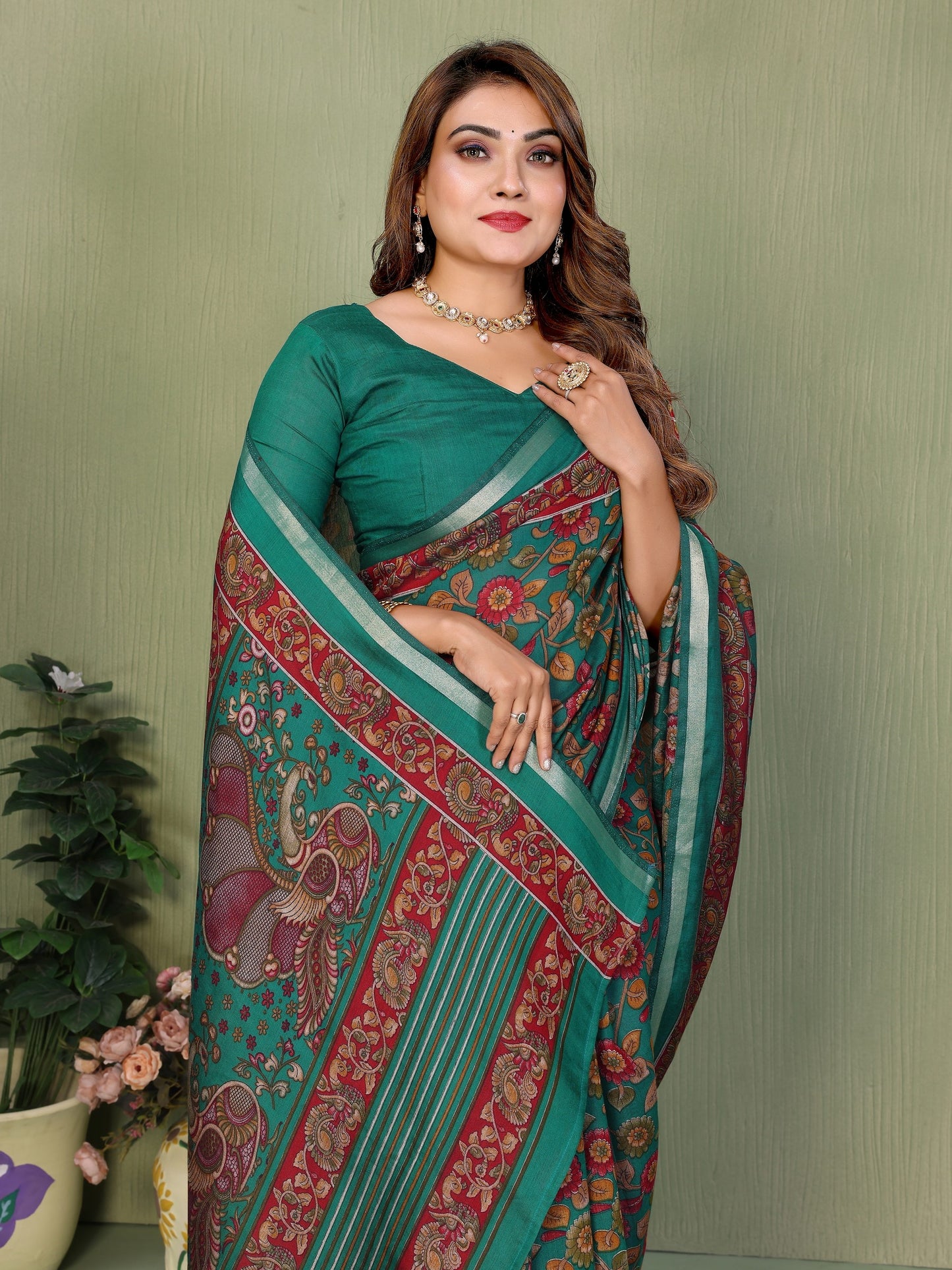 Rama Printed Mal Cotton Saree With Blouse