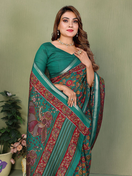 Rama Printed Mal Cotton Saree With Blouse