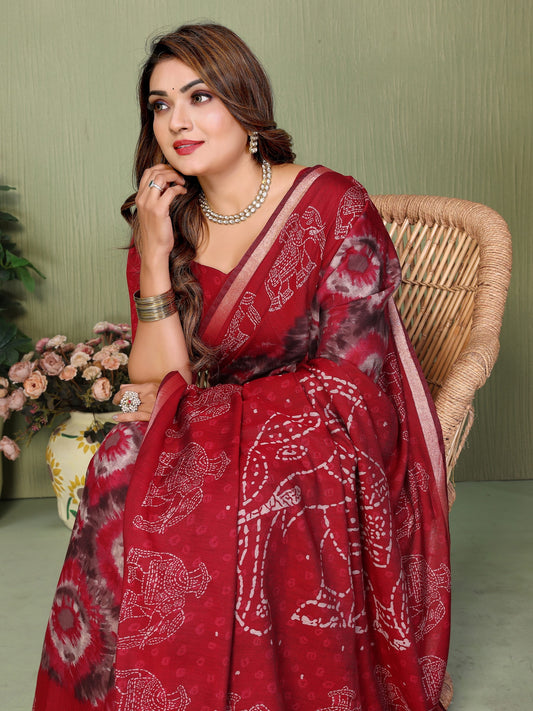 Red Printed Mal Cotton Saree With Blouse