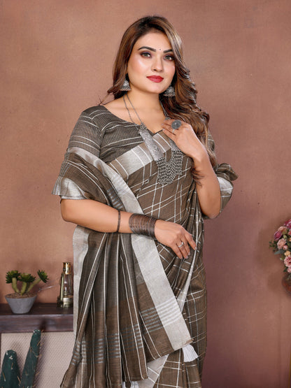 Brown Weaving Linen Cotton Saree With Blouse