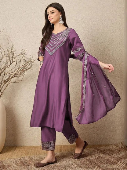 Purple Color Roman Silk Fabric Beautiful Festive Wear Salwar Kameez