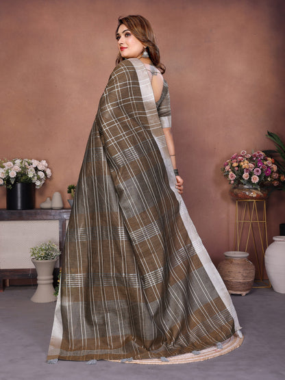 Brown Weaving Linen Cotton Saree With Blouse
