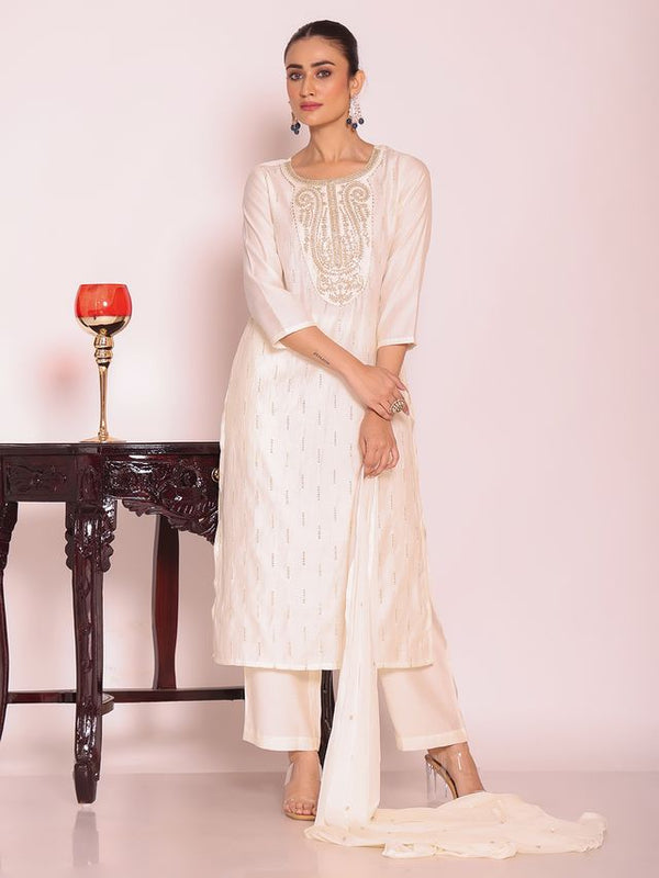 Off White Color Beautful Poly Silk Fabric Stylish Partywear Attire For Girls