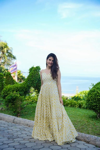 Party wear readymade muslin gown collection digital printed work  Cream