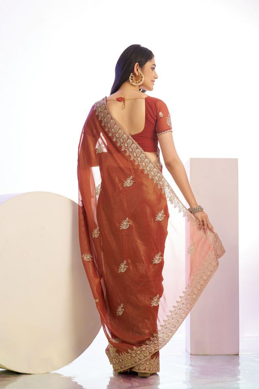 Peach Color Stylish Heavy Partywear Saree For Rich Girlie Looks