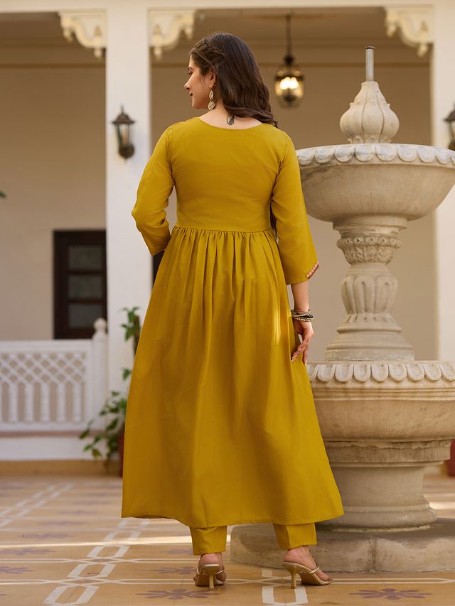 Mustard Color Silk Fabric Ceremonial Readymade Kurta Set with Dupatta