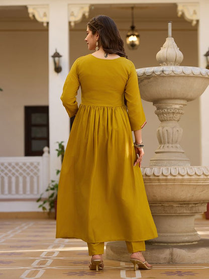 Mustard Color Silk Fabric Ceremonial Readymade Kurta Set with Dupatta