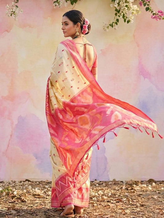 Cream Color Soft Silk Woven Designer Graceful Ethnic Partywear Saree