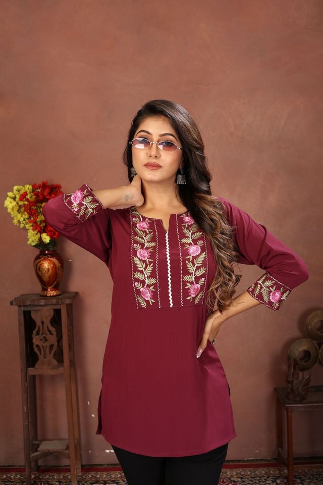 Wine Color Rinkal Cotton Fabric Formal Looking Casual Short Kurta