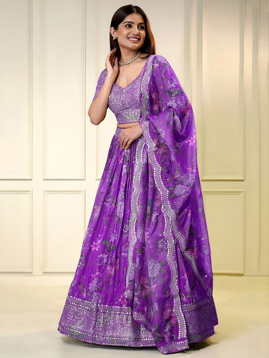 Purple Color Organza Fabric Designer Bollywood Looks Lehenga Choli