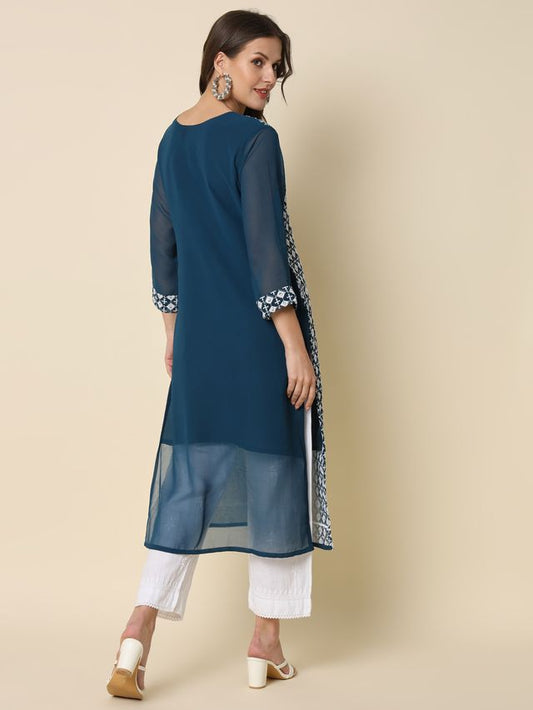 Teal Color Georgette Fabric Chikankari Work Formal Kurta For Girls