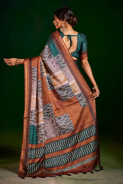 Rama Color Gathan Silk Fabric Designer Digital Printed Partywear Saree