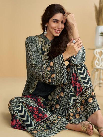 Black Heavy Crepe Digital Print Full Stitched Free Size Upto 44 Palazzo Suits