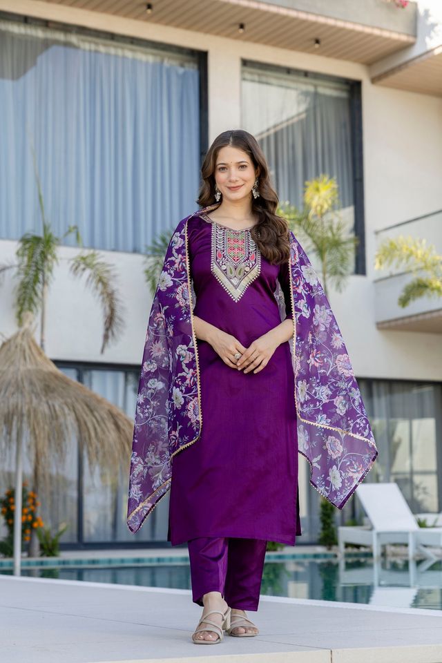 Purple Color Beautiful Chanderi Fabric Designer Ceremonial Readymade Suit